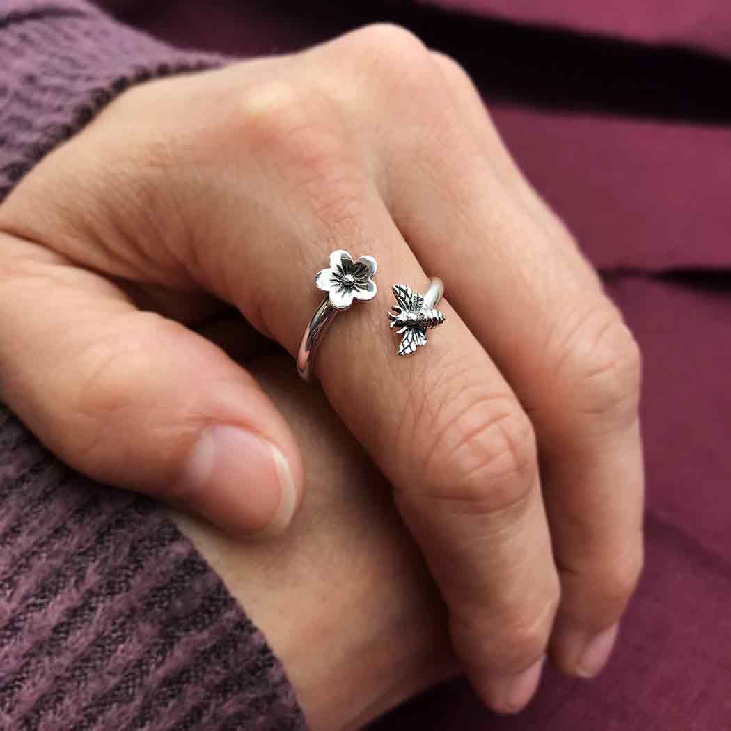 Bee and Cherry Blossom Adjustable Ring: Bronze