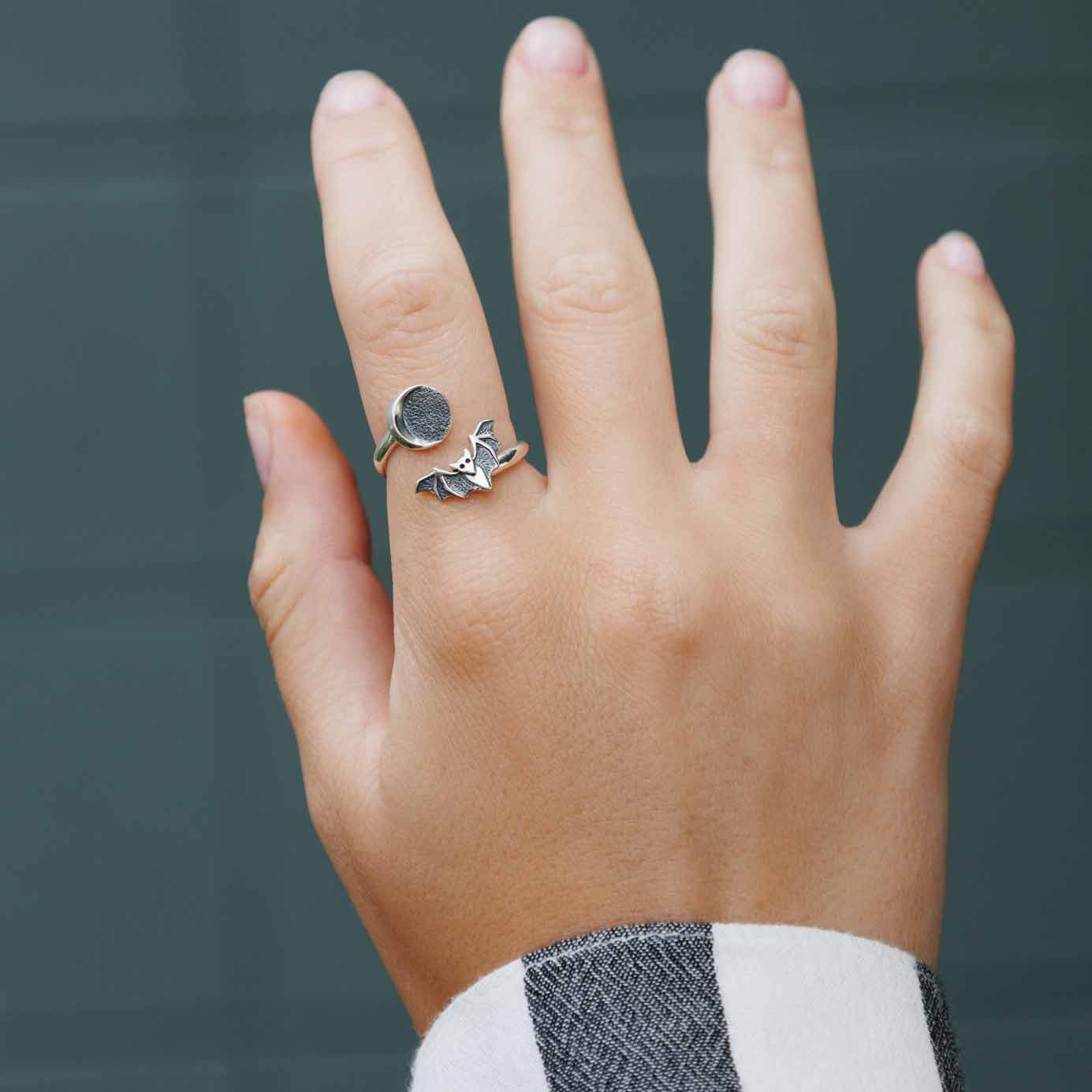 Sterling Silver Adjustable Moon and Bat Ring