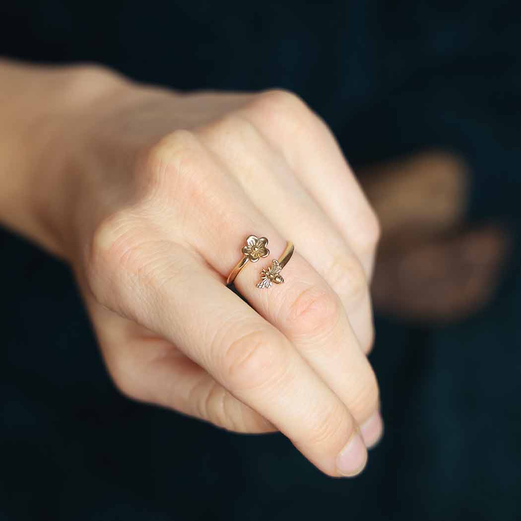 Bee and Cherry Blossom Adjustable Ring: Bronze