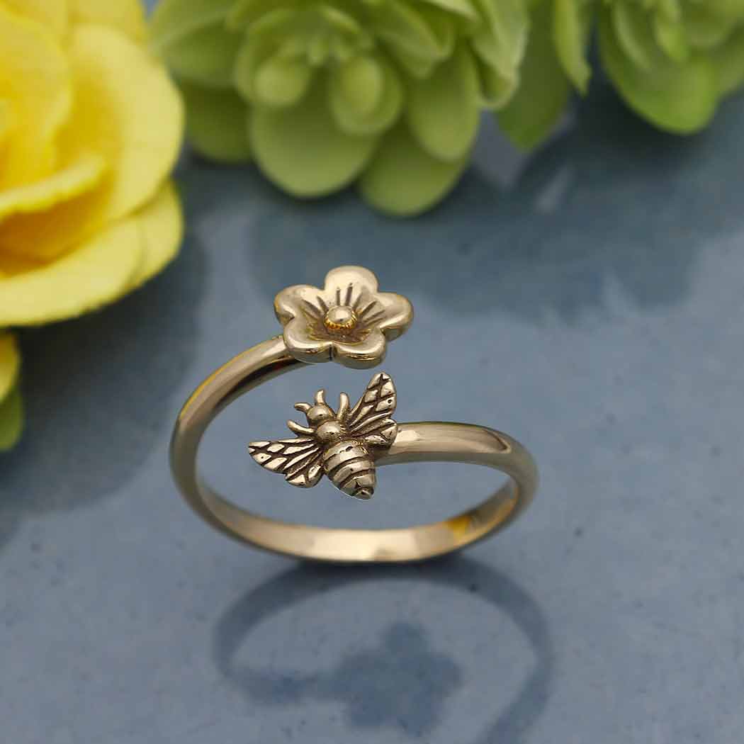 Bee and Cherry Blossom Adjustable Ring: Bronze