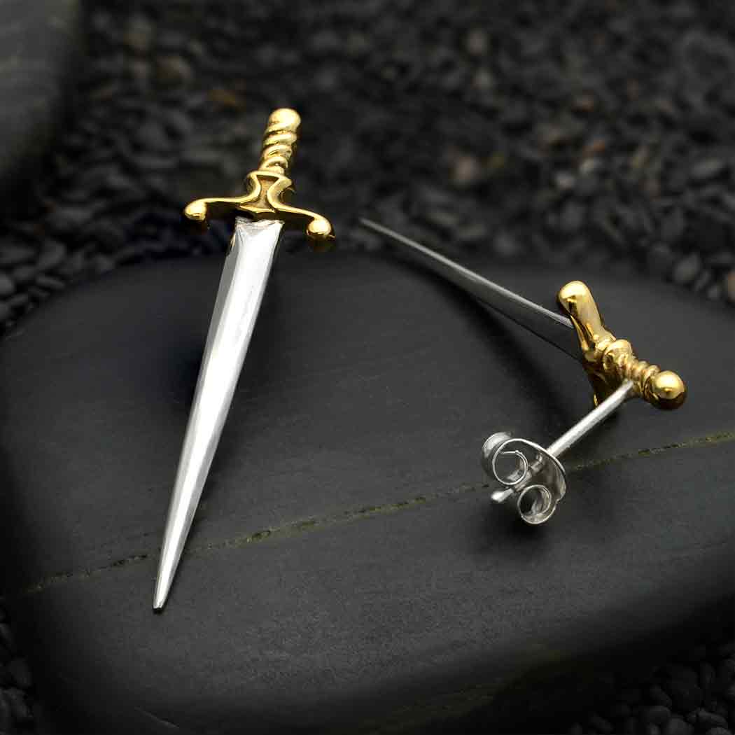 Mixed Metal Large Sword Post Earrings 35x9mm dagger