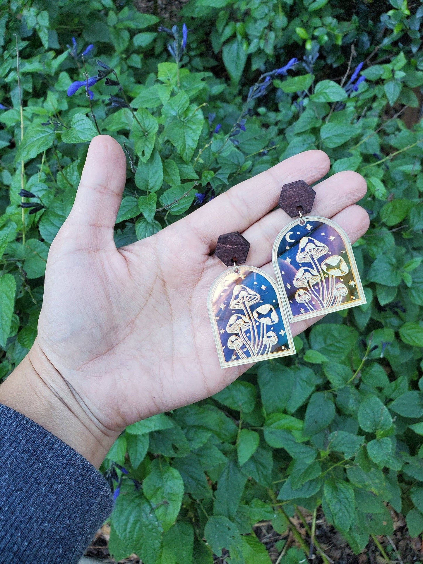 Iridescent Mushroom Dangle Earrings