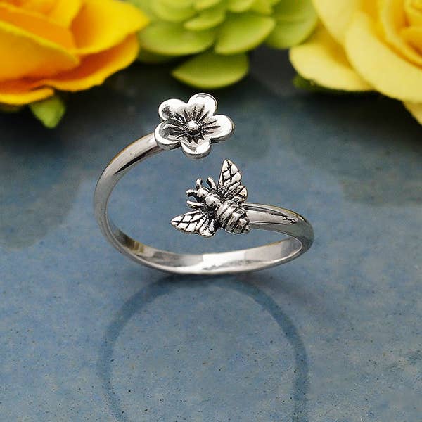 Bee and Cherry Blossom Adjustable Ring: Bronze