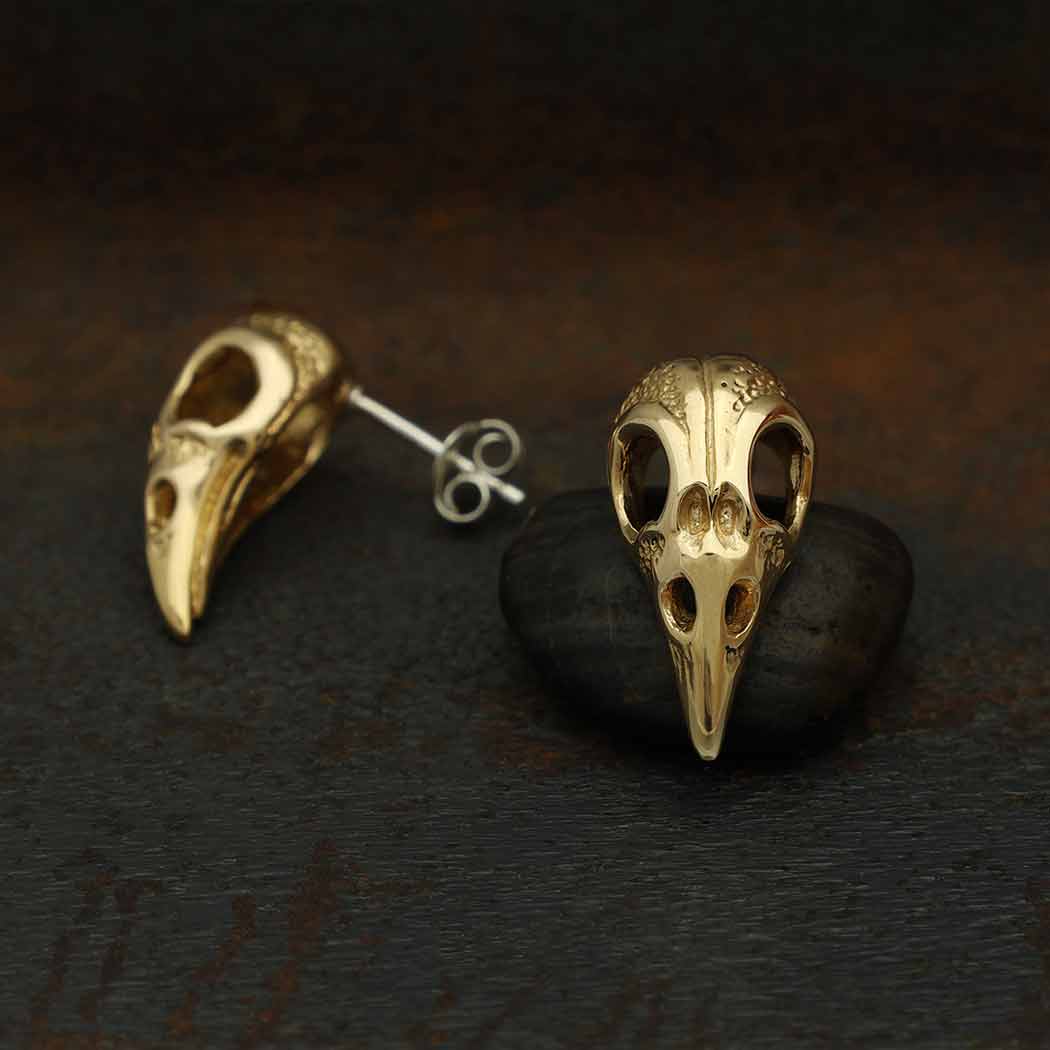 Raven Skull Post Earrings 21x11mm: Bronze